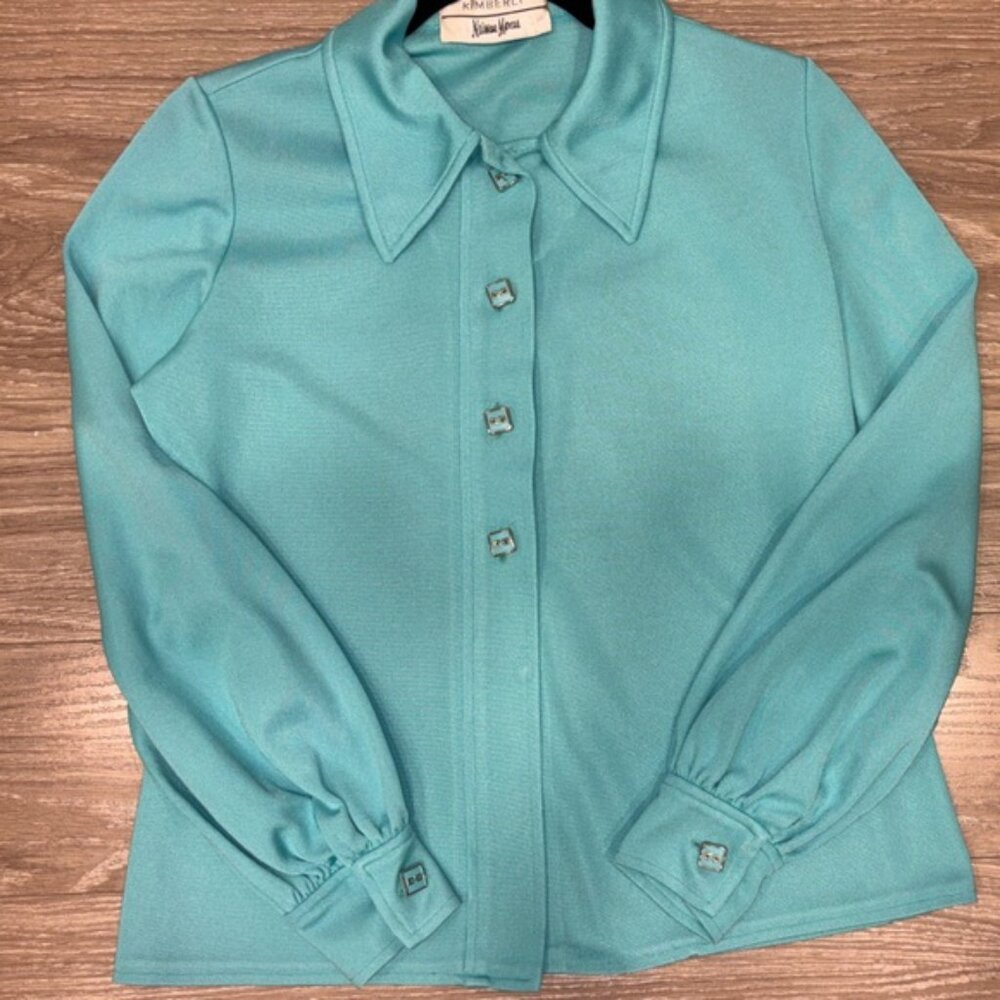 VINTAGE  - 1960s Neiman Marcus Teal Button-Front Knit Blouse